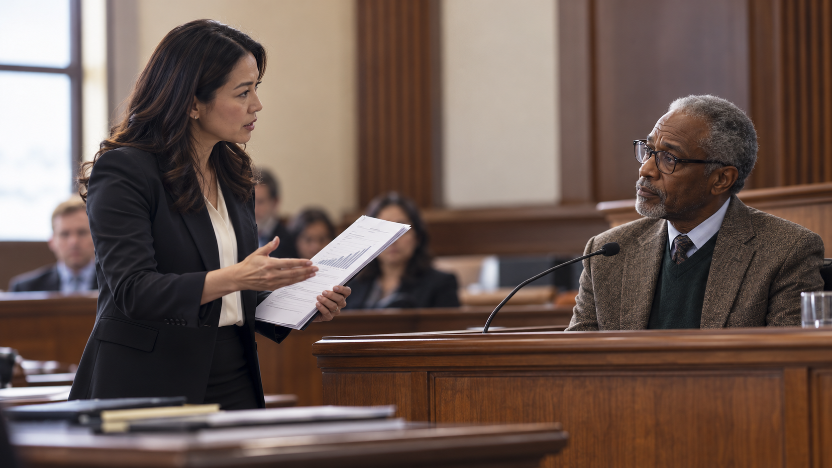 Attorney cross-examining an expert witness on the stand.