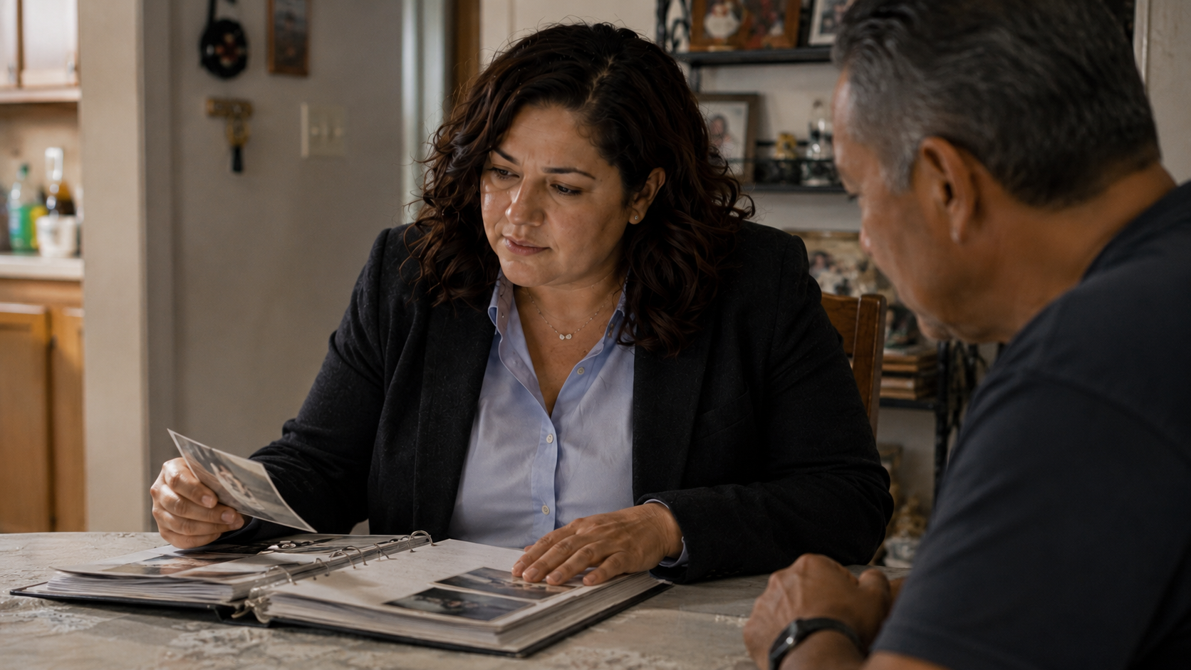 Plaintiff's attorney reviewing documents with a family member at a kitchen table.